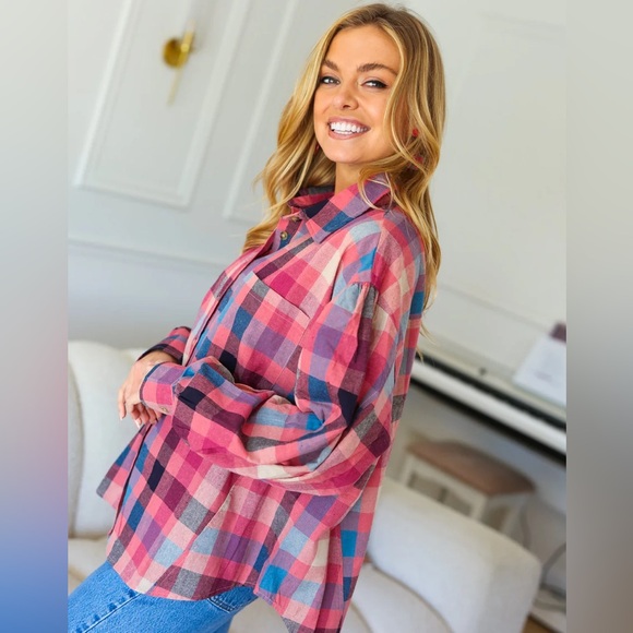 Oversized Button Down Mauve Washed Lightweight Plaid Top, Puff Shoulder, Small - Picture 8 of 11